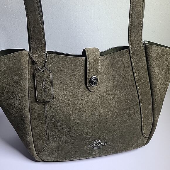 NWT COACH Hadley SUEDE Army Green Olive/ Gunmetal Leather Turnlock Tote Shoulder - Picture 1 of 6
